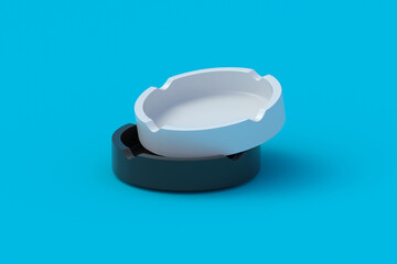 Blank black and white ashtrays on blue background. Nicotine addiction. Unhealthy lifestyle. 3d render
