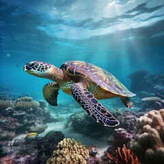 A large sea turtle swims in the ocean underwater.