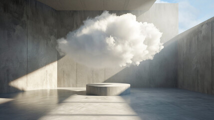 Futuristic Urban 3D Render: Levitating Clouds Above Concrete Architecture in an Empty Room