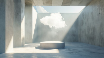Futuristic Urban Scene: Abstract Render of Empty Room with Levitating Cloud and Concrete Architecture - obrazy, fototapety, plakaty
