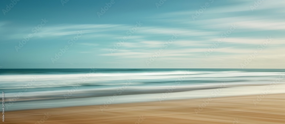 Poster the blurry effect in the photo is due to a slow shutter speed capturing the movement of the sea and 