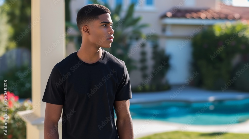 Poster a male Model wearing a Bella+Canvas 3001 Black T-shirt for a mockup, standing by a pool 