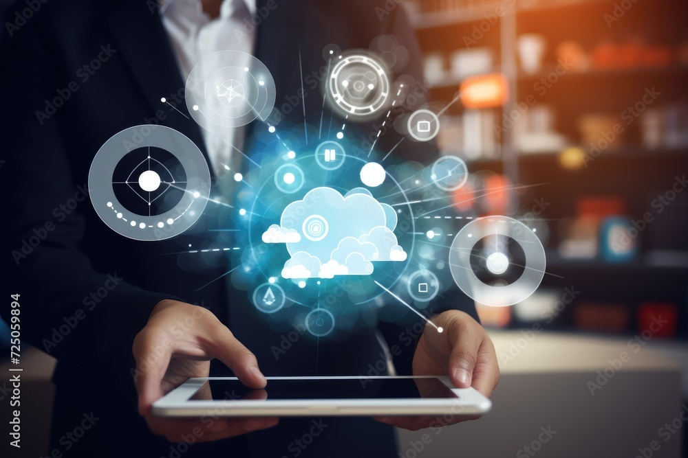 Poster man use digital tablet with cloud diagram virtual desktop. cloud technology.