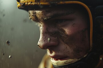 Close-up of a muddy football player, epitomizing the grit and intensity of the game under harsh playing conditions.

