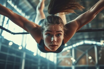 Gymnast in mid-air performing a routine, her concentration and athletic skill on full display in an indoor gym setting.

 - obrazy, fototapety, plakaty