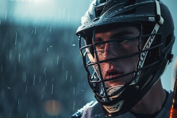 Focused lacrosse player with helmet in the rain, capturing the determination and intensity of the sport.

 - obrazy, fototapety, plakaty