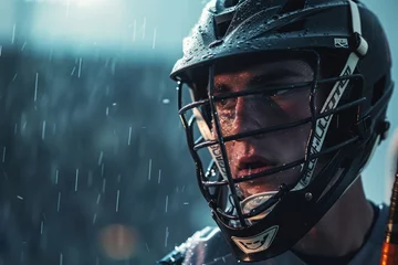  Focused lacrosse player with helmet in the rain, capturing the determination and intensity of the sport.   © Jerrish