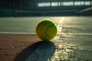 Close-up of a tennis ball on a cracked court surface, symbolizing the pause and potential energy in a tennis game.

 - obrazy, fototapety, plakaty