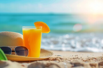 Fototapeta na wymiar Tropical summer vacation concept. woven beach hat, a glass of orange juice and sunglasses on a blurred sea background.
