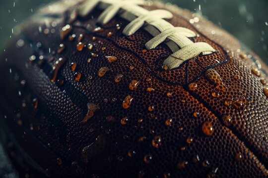 Wet American football on the field, detailed texture highlighting the grip and intensity of the game in rainy weather.

