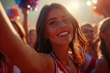 Joyful cheerleader celebrating at a festive event, glowing with happiness and vibrant energy among a crowd.


