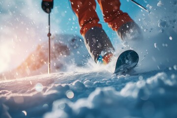 Dynamic close-up of skier's legs during a slalom run, snow spraying in the air, highlighting the thrill and speed of downhill skiing.

