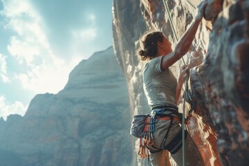 Female climber ascending a steep rock face, highlighting the adventure and challenge of outdoor sports and rock climbing.

