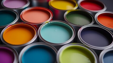 Assorted cans of paint in different colors set against a dark background