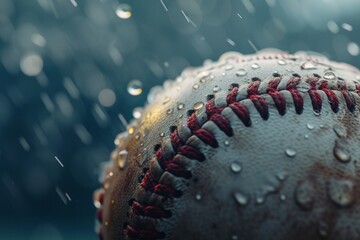 Close-up of a wet baseball with red stitching, embodying the essence of the game, with raindrops adding a dynamic element.

