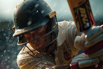 Cricket batsman in action during a match, with rain and intensity adding to the drama of the sports moment.

