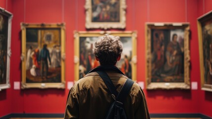 young child looking at paintings at a musuem - obrazy, fototapety, plakaty