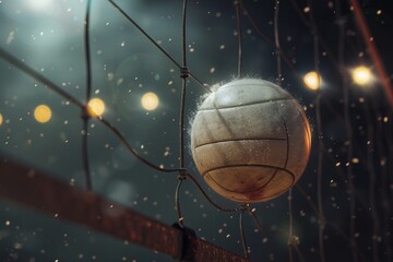 Volleyball caught in a net under sparkling lights, evoking a sense of paused action and anticipation during an evening game.

