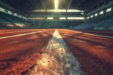Perspective view of an empty running track with white lane markers, symbolizing determination and...
