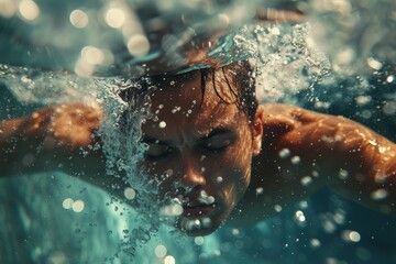 Swimmer breaking through water surface with determination, showcasing power and agility in an immersive action shot.


