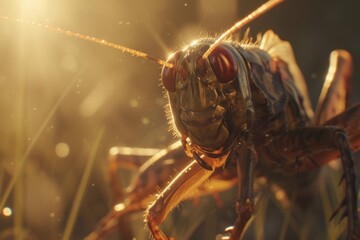 Macro shot of a cricket against golden sunlight, capturing the intricate details and natural beauty of a small creature.

