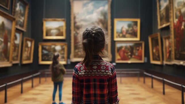 young child looking at paintings at a musuem