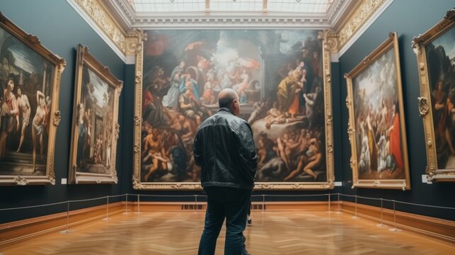 Back of an adult looking at renaissance style paintings in a museum 