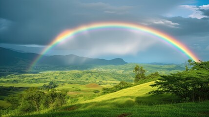 Fototapeta premium Lush green hills under a bright, full arc rainbow in the sky