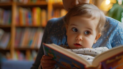 A baby with wide eyes reads a book with a parent, showing early education - Powered by Adobe