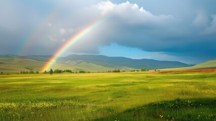 Double rainbow arching over a vibrant green field under a stormy sky