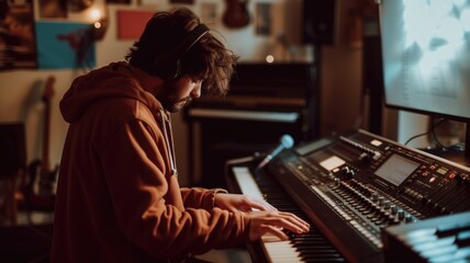 Focused male musician playing a synthesizer in studio