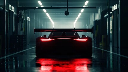 Back view silhouette of a modern generic sports racing car standing in a dark garage. Realistic 3d rendering. 3D Illustration - obrazy, fototapety, plakaty