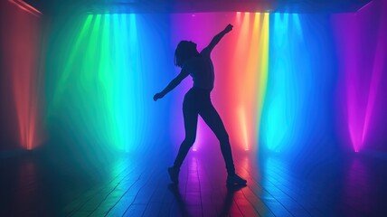 A dancer's silhouette against a vibrant disco light backdrop, full of energy and movement