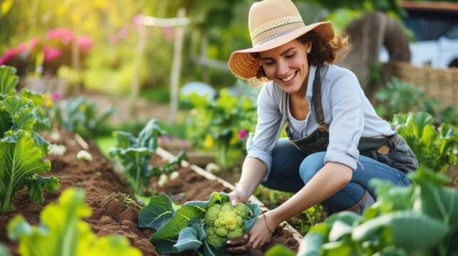 Beautiful female model dressed as gardener working on cauliflower in the garden 