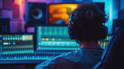 Male music producer working at a modern sound mixer in a studio