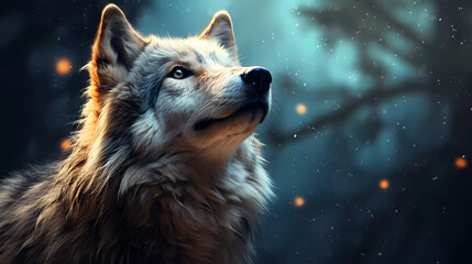A wolf is looking up at the sky