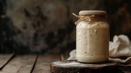 Artisan sourdough starter in a glass jar, placed on a rustic table - obrazy, fototapety, plakaty