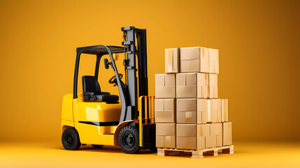 A yellow forklift with a stack of boxes