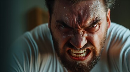 A photograph of a man capturing the intensity of anger through facial and body expressions, highlighting the emotional feelings  - obrazy, fototapety, plakaty