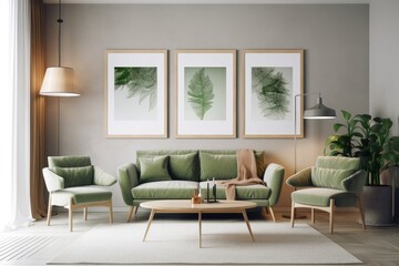 a contemporary, comfortable living area with two sofas, a coffee table, a painting, and a poster mock up. Vertical
