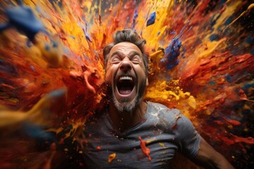A vibrant image of a man screaming with his mouth wide open, surrounded by colorful splatters - obrazy, fototapety, plakaty