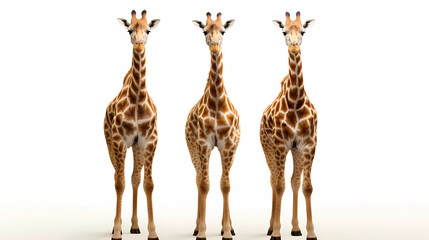 Three giraffes standing next to each other on a white background