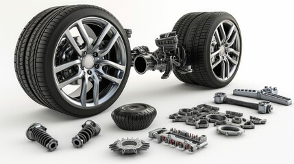 Car parts or auto car spare isolated on white background. 3d illustration - obrazy, fototapety, plakaty