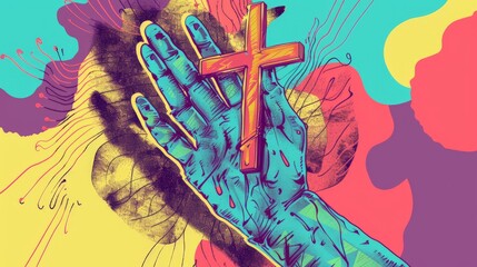 illustrated hand holding a cross 