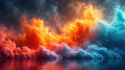  a group of clouds floating over a body of water in front of a sky filled with orange and blue clouds.