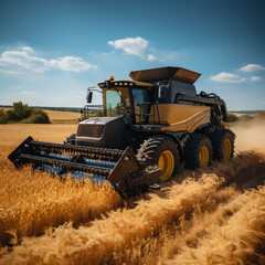 Obraz premium A combine harvester moves through a golden wheat field, highlighting the harvest season. The mood is industrious, suitable for agricultural business and educational purposes.