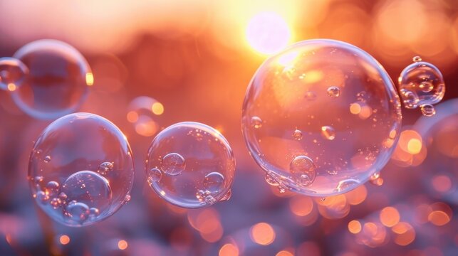  a group of bubbles floating on top of a blue and pink surface with the sun shining in the back ground.