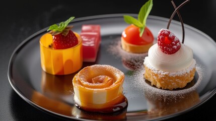  a plate topped with three desserts covered in icing and toppings and garnished with a cherry.