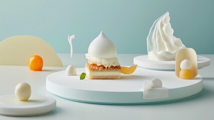  a white plate topped with a slice of cake covered in whipped cream and an orange slice on top of it.