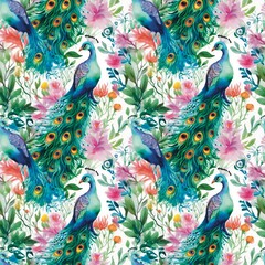 Fototapeta premium peacock feather pattern Peacock forest, watercolor flowers, fabric tree leaves pattern, seamless, creative imagination handicrafts, fabric pattern, watercolor, colorful, seamless, handicrafts, art, 